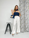 Top a fascia in jeans fino con balze